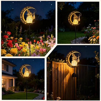 QISHENG - Outdoor/Garden Waterproof Solar Lights,Fairy Under The Moon with Crystal Ball for Patio/Lawn/Yard/Pathway, Garden Decor. (Warm Gold)