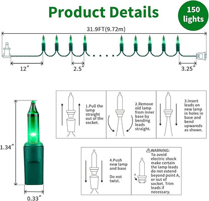 LAMPHOME St. Patrick's Day Mini String Lights,Green Christmas Lights 150Lights 31.9ft UL Certified Mini String Lights Set for Outdoor Christmas Tree Garden Party Patio Garland Decor