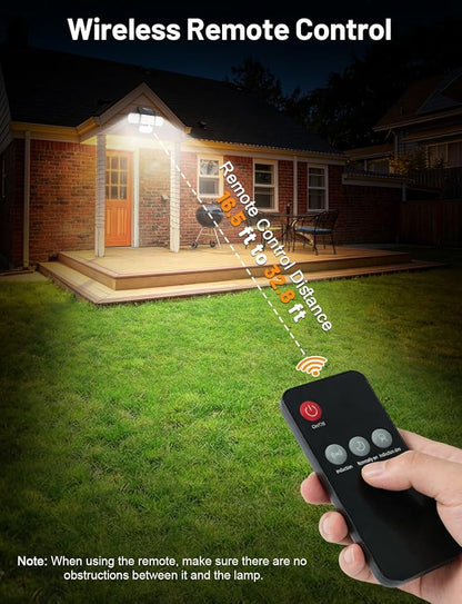 Solar Lights Outdoor, 214 LED Motion Sensor Waterproof Solar Security Light with Remote Control, 4 Heads 270° Wide Angle Flood Wall Light with 3 Modes, Auto On/Off for Outside Patio Backyard (2 Pack)