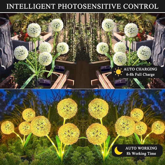 Solar Lights Outdoor, Decorative Animal & Flower Shaped Landscape Lights with Warm/Colorful LED, Auto On/Off Waterproof Solar Powered Decor for Yard Lawn Patio Gift Idea (Warm-Dandelion-2pack)