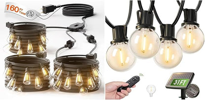 addlon 160FT LED Outdoor String Lights (3x50FT) 31FT (25+6) Solar String Lights with Remote