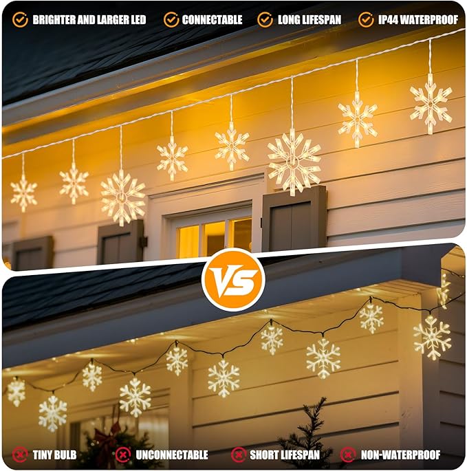 Snowflake Christmas String Lights with 9 Drops - 13ft 150 Mini Bulb Icicle Lights with Hooks, Plug-in Connectable Hanging Lights for Christmas Home Indoor Outdoor Party Wedding Holiday Décor, 2 Pack