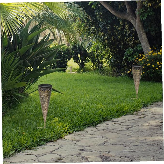 Yardwe 2pcs Solar Pathway Lights Iron Art Decorative Lawn Lamp for and Patio Solar Powered Cone Shape Design for | Lumora