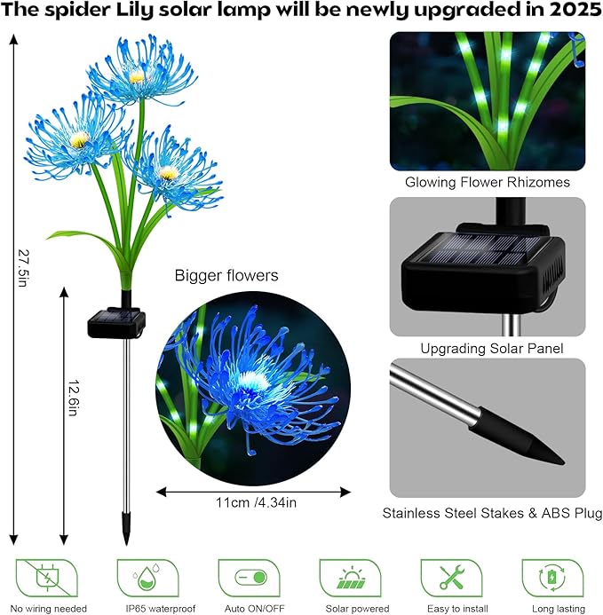 Solar Garden Flower Lights Outdoor, 4 Pack Blue Spider Lily Solar Lights with Glowing Stems, IP65 Waterproof LED Yard Decor for Patio Lawn Pathway, Mother's Day Valentine Gifts for Women Mom Grandma