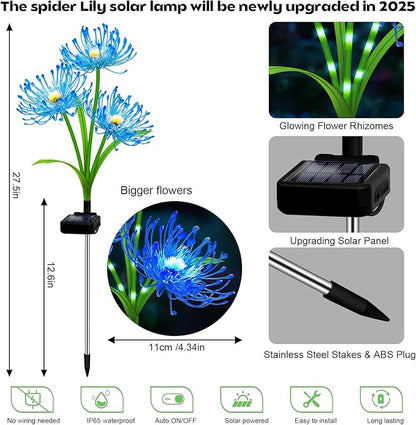 Solar Garden Flower Lights Outdoor, 4 Pack Blue Spider Lily Solar Lights with Glowing Stems, IP65 Waterproof LED Yard Decor for Patio Lawn Pathway, Mother's Day Valentine Gifts for Women Mom Grandma