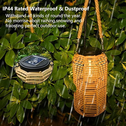 Livinlarge Solar Lantern Outdoor Hanging Lights, Rattan Lantern Waterproof with Twine Handle, Bright Solar Outdoor Lights with Edison Bulb for Garden Patio Yard Tabletop Decoration