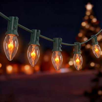 25Ft Flickering Flame String Lights with 27 C7 Flicker Flame Lights Bulbs, C7/E12 Candelabra Base Christmas String Lights for Party Indoor Outdoor Decor, 1 Watt- Black Wire