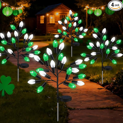 4 Pcs ST Patricks Day Solar Pathway Lights Outdoor Decorations 28" Irish Shamrock Stake Light Waterproof Yard 8 Modes 80 LEDs Green White Tree for Walkway Path Garden Patio Decor