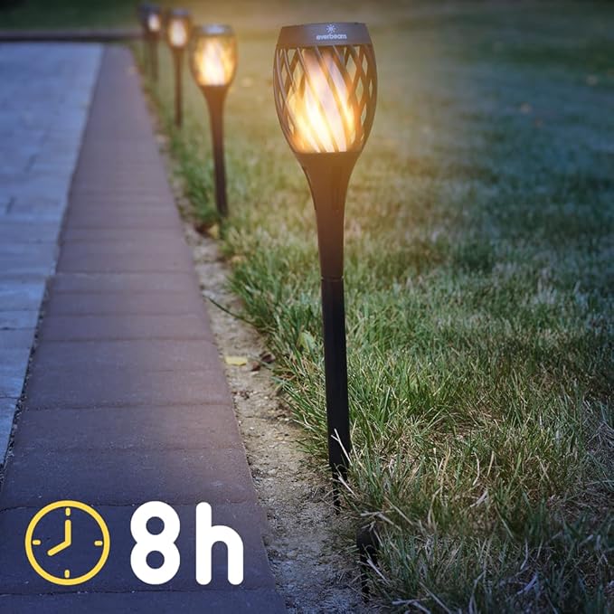 Everbeam P2 Solar Flickering Flame Torch Light - Automatic IP65 Waterproof Solar Tiki Lights with A Stunning Realistic Flame & Distinctive Lampshade - Quick No Tool Installation - 2 Pack