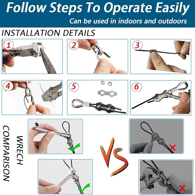 164FT Outdoor String Light Hanging Kit | Black Vinyl-Coated 304 Stainless Steel Wire Rope | Turnbuckles & Hooks | | Lumora