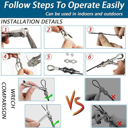 164FT Outdoor String Light Hanging Kit | Black Vinyl-Coated 304 Stainless Steel Wire Rope | Turnbuckles & Hooks | Rustproof Easy Install Set for Patio, Backyard, Garden