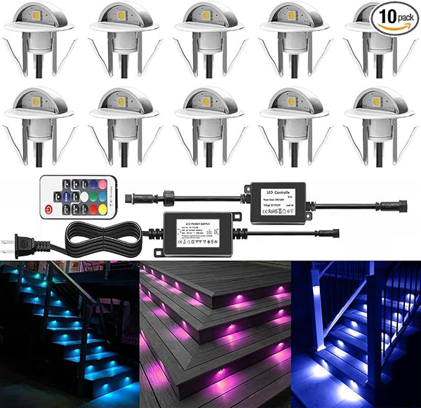 10 Pack LED Stair Lights Kit Outdoor 1-2/5" 0.2W-0.4W Low Voltage Waterproof IP65 Multi-Color RGB Recessed Wood LED | Lumora