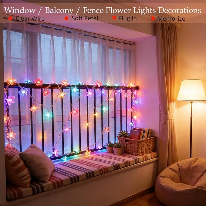 FULLBELL Indoor Fairy Flower String Lights - 33ft 100 LED Plug-in Multicolor Cherry Blossom Floral Lights for Bedroom Wall Decor, Christmas Garden & Tree Branches | Decorative String Lights