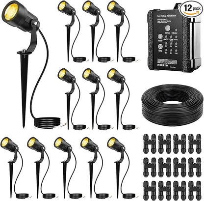 All-in-One Low Voltage Landscape Lighting Kit, 6W 3000K Outdoor LED Landscape Spotlights with 65W Transformer, 100FT 16/2 Wire & Connectors, Perfect for Yard, Garden, Deck, 12V-24V AC/DC, 12Pack