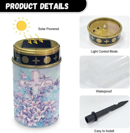 Solar Light Outdoor for Cemetery,Waterproof Garden Lights Solar Powered, Cross Solar Lights for Garden, Balcony, Yard, Gifts for Memorial