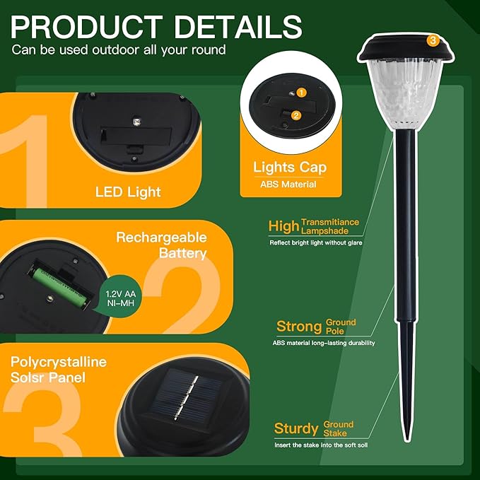 Solar-Powered Auto-Sensor Garden Stake Lights IP44 Waterproof All-Weather Frost&Heat Resistant Warm White LED 8-12H Runtime Easy Stake Install TwistOnOff ABS Durable Path/Gdn/Patio