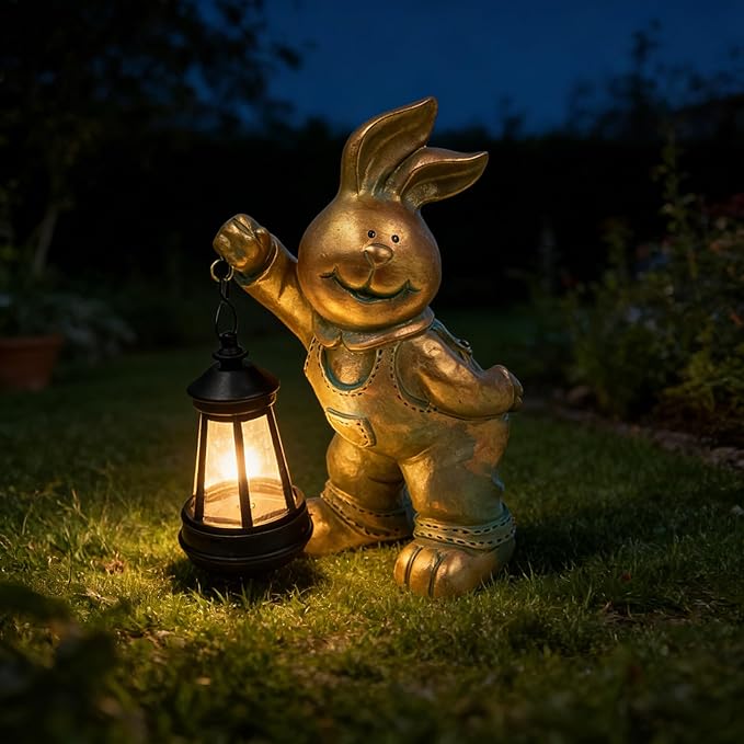 Outdoor Bunny Statue Solar Lantern for Garden Yard Lawn Patio Bronze Rabbit Figurine Decorations Housewarming for Mom Grandma Women
