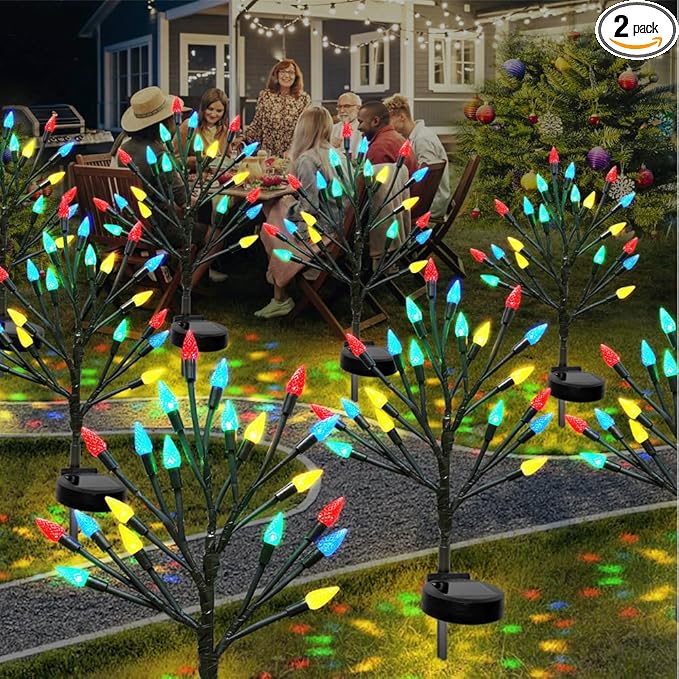 Christmas Outside Decorations Solar Garden Lights Outdoor,2PACK 40LED Multicolor C6 Strawberry Path Decor with Xmas Party Gifts Decor,Solar Christmas Candy Lights for Home Holiday Decor