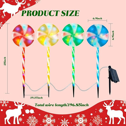 Candy Christmas Decorations Pathway Outdoor Solar Lights, 29 inches 80 LED Lighted Lollipop Solar Christmas Lights with 8 Modes Waterproof String Lights, Outdoor Lights for Yard Patio Walkway-4PCS