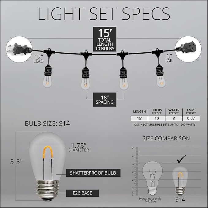 15' FlexFilament LED S14 Edison Bulb Heavy Duty Shatterproof Patio Lights, Suspended - Outdoor String Light | Lumora