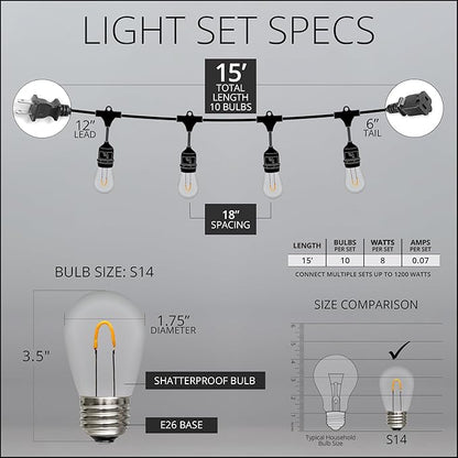 15' FlexFilament LED S14 Edison Bulb Heavy Duty Shatterproof Patio Lights, Suspended Sockets, 10 Lights, 18" Spacing, Vintage Patio Lights