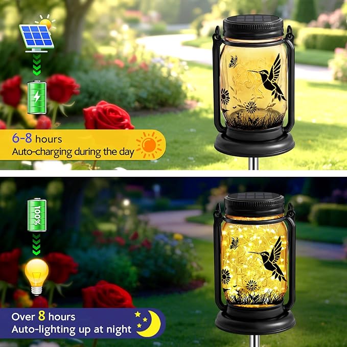 Hummingbird Solar Lanterns 3-in-1 Outdoor Waterproof - Birthday Gifts for Women Mom Christmas, Mason Jar Hanging Lanterns with Stake, Garden Decor Lights for Patio Yard Porch Lawn Balcony Decorations