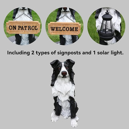 Outdoor Border Collie Dog Statue with Interchangeable Welcome Sign and Detachable Solar Lantern –LED Light Garden Dog Sculpture Décor, Cute Puppy Design for Yard, Porch, Gift