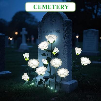DWH 2 Pack Solar Garden Lights Outdoor, 7-Flower Rose LED Stake Light for Yard Patio Pathway Lawn Fence Cemetery, White