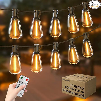 Woolmug Outdoor String Lights Total 232FT Patio Lights with Remote 100+4 Extra Shatterproof ST38 LED Vintage Edison Bulbs, Outside Lights Waterproof for Porch Deck Garden Backyard Balcony【Dimmable】