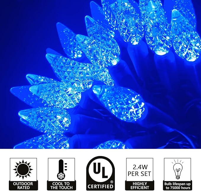 UL Listed 50 Count C6 Led Christmas Lights,C6 Strawberry Christmas Light Bulbs,Outdoor Led String Lights for Garden Patio Trees Lighting Decoration,17 Feet Green Wire (Blue)
