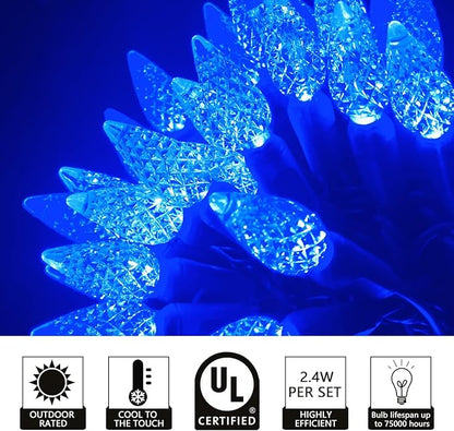 UL Listed 50 Count C6 Led Christmas Lights,C6 Strawberry Christmas Light Bulbs,Outdoor Led String Lights for Garden Patio Trees Lighting Decoration,17 Feet Green Wire (Blue)