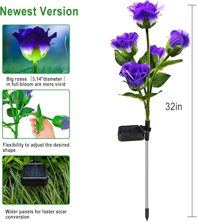 ANGMLN Solar Garden Lights, 6 Pack Solar Flower Lights Outdoor Waterproof with 30 Head Realistic Rose 7-Color Changing Landscape Light for Garden Yard Pathway Patio Grave Cemetery Decoration