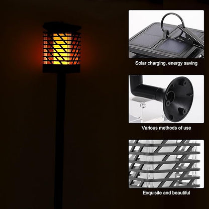 Vintage Solar Garden Landscape Light, Outdoor Yard Wall Lamp with Hanging Black Geometric Shade, Warm Flame Effect Solar Pathway Lantern for Patio and Courtyard