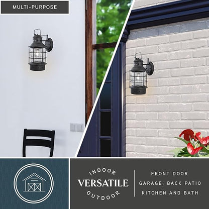 VAXCEL Hyannis 18 in. H 1-Light Textured Black Coastal Outdoor Wall Sconce Made of Durable Steel, Clear Ribbed Glass Shade, LED Compatible, Use for Exterior Porch Patio Front Door or Garage