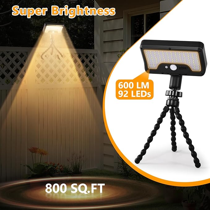 Solar Motion Lights Outdoor with Flexible Octopus Tripod, USB & Solar Powered Motion Sensor Lights with 92 LEDs(600LM,3000K), IP65 Waterproof Motion Activated Light for Fence, Camping, Gutter(2 Pack)