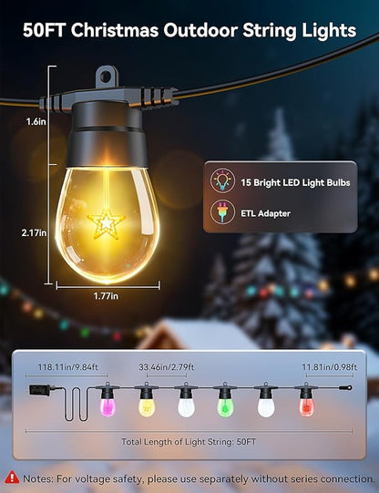 Brightever LED Outdoor String Lights, 50FT Patio Lights with 16 S14 Christmas Filament Bulbs, Dimmable&Speed Adjustment, Plug in IP65 Waterproof Outside Hanging Lights with Remote for Porch, Deck