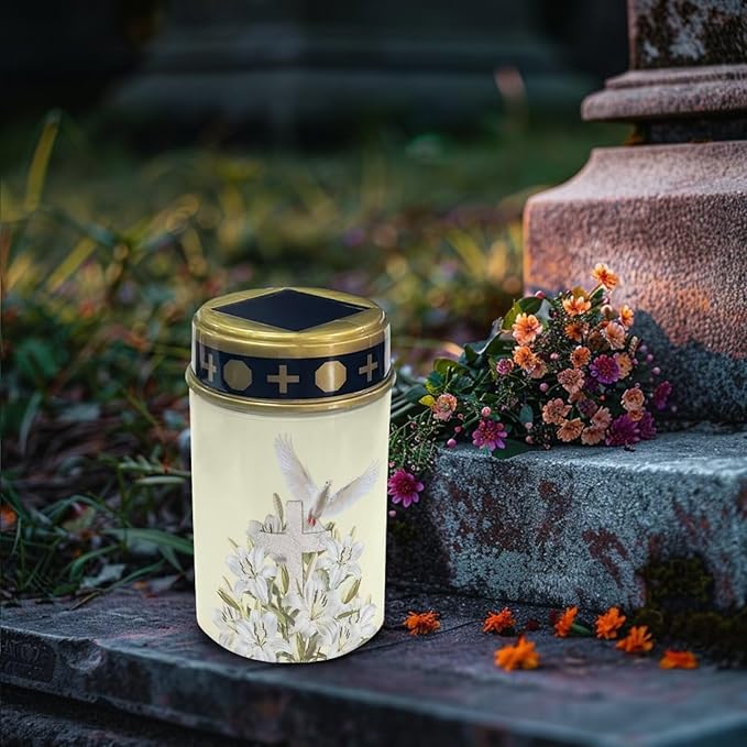 Cross Solar Lights Outdoor Cemetery Peace Dove Cemetery Solar Lights White Floral Religious Lighting Outdoor Waterproof for Graves in Garden