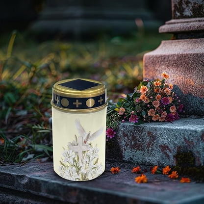 Cross Solar Lights Outdoor Cemetery Peace Dove Cemetery Solar Lights White Floral Religious Lighting Outdoor Waterproof for Graves in Garden