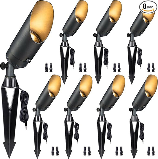 Gardenreet Brass Spot Light Low Voltage - Outdoor Landscape Spotlights, 12V Landscaping LED Uplights, Hard-Wired All Weather Bronze for Backyard Lawn with No Bulbs (8 Pack)