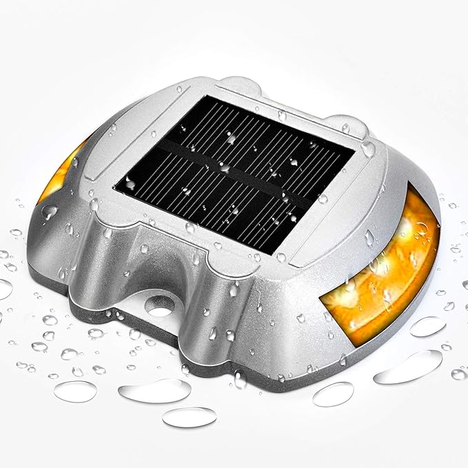 JIGUOOR Solar Deck Lights LED Driveway Lights Solar Powered Dock Light Outdoor IP68 Waterproof Road Markers for Step Sidewalk Stair Boat Garden Ground Pathway Yard (Yellow, 1 Pack)