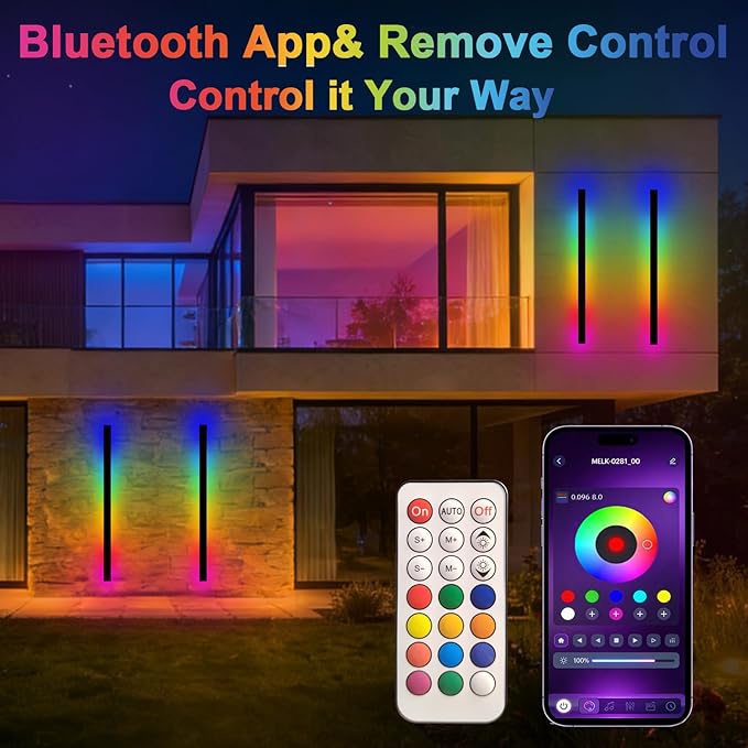 RGB Outdoor Wall Lights, Ip65 Waterproof Linear Led Modern Wall Sconce, 7 Colors and 358 Light Effects, Dimmable | Lumora