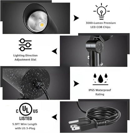 Outdoor Landscape Spotlight 30W Ultra Bright LED Spot Lights Outdoor 120V Waterproof Spot Lighting Warm White Landscape Lights with 5FT Cord with Plug for Flag Pole Tree Yard Garden