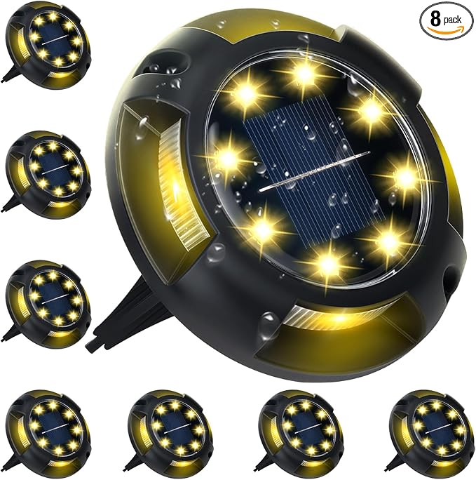 Solar Ground Lights, 8 Pack 12 LED Solar Disk Lights Outdoor Waterproof In-Ground Landscape Lighting for Garden | Lumora