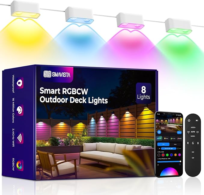 Outdoor Deck Lights 8 Packs, Smart RGBCW Fence Light, 100+ Scene Modes, Dual Lens LED String Lights with | Lumora