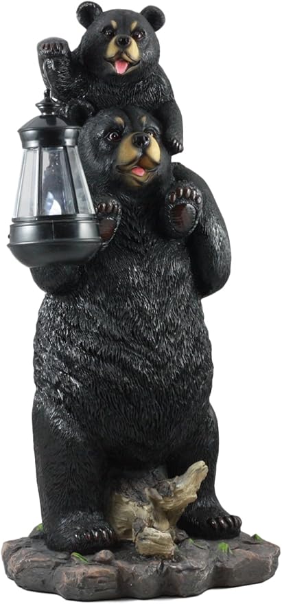 Ebros Rustic Black Bear Family Statue 18.75" Tall with Solar LED Lantern Light - Realistic Wildlife Decor