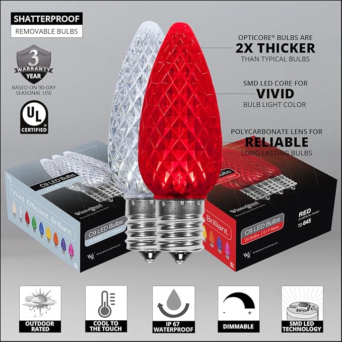 Wintergreen Lighting C9 OptiCore LED Commercial Outdoor Christmas Lights Heavy Duty; Wedding; White Wire (50 Lights, 50 Ft, Red/Cool White)