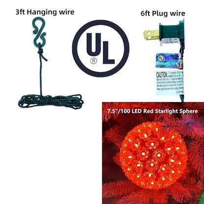 LUCKY SHINE 7.5" Starlight Sphere Lights with 100 Count Red LED Lights, UL Listed and Commercial Grade, for Indoor and Outdoor Christmas Trees, Proches, Patio.