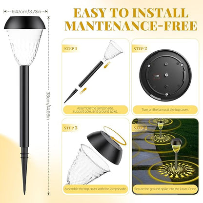 2 Pack Solar Pathway Lights Outdoor, New Upgraded Waterproof LED Lights, 3 Variants (Warm White/Golden/7-Color Slow Flash) with Unique Lamp Shade Patterns, for Garden (2-Pack Warm Light)