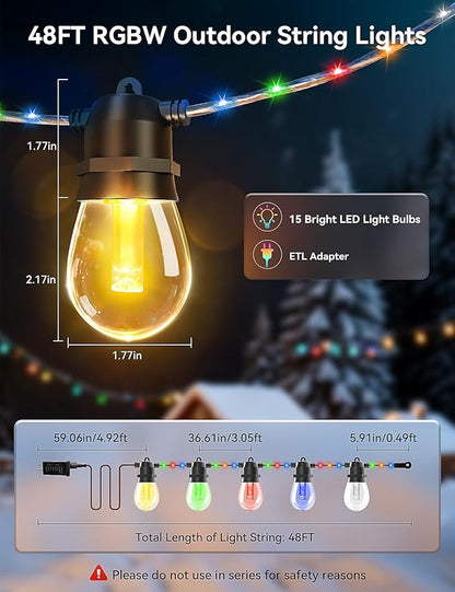 Brightever LED Outdoor String Lights Waterproof, RGBW 48FT Patio Lights with 15 S14 LED Bulbs, Heavy-Duty Outdoor Hanging Lights with Remote and Timer, Color Changing Christmas Decor for Yard, Plug-in
