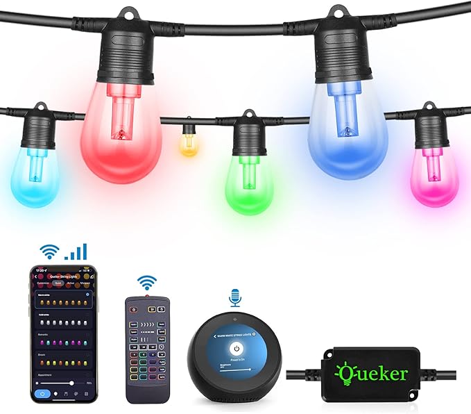 Upgrade 100ft Outdoor String Lights,Smart RGB Christmas LED Lights Work with Alexa, Waterproof Outside Patio String Lights with 30 Dimmable LED Bulbs,Color Changing Outdoor Lights with App & Remote